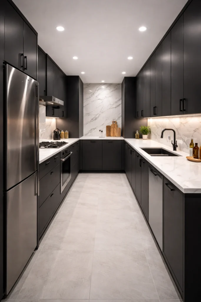 Dark Charcoal Modern Galley Kitchen Idea