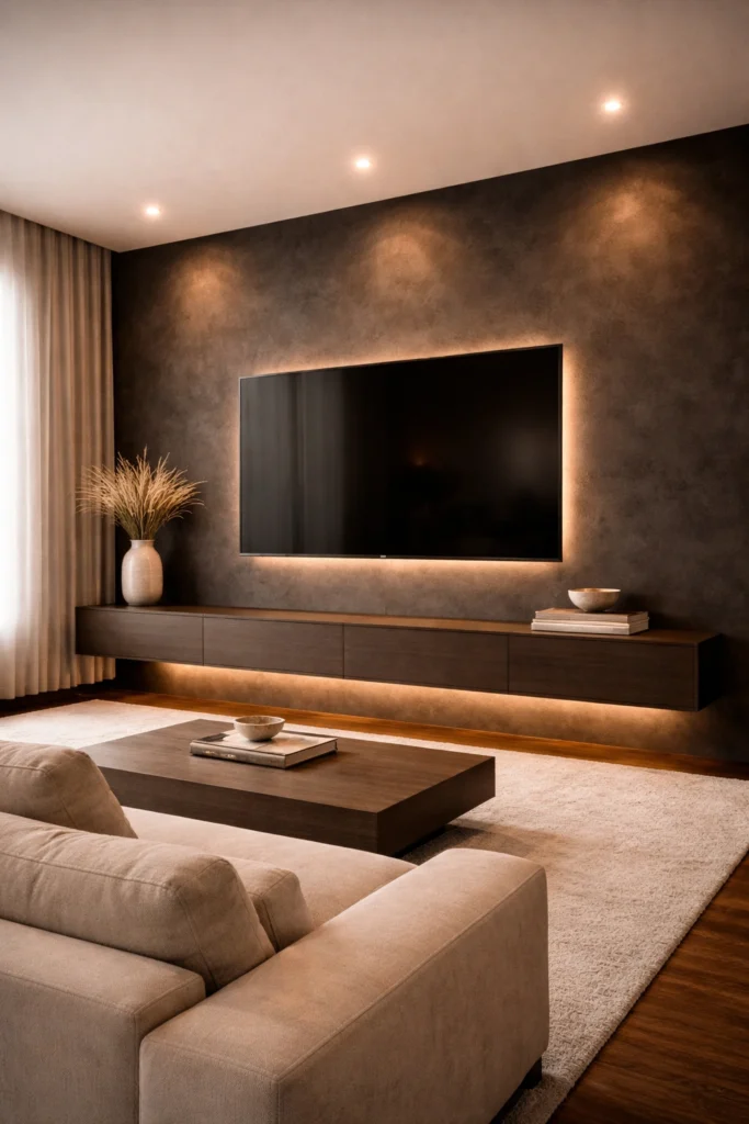 Dark Dramatic Textured TV Wall Idea