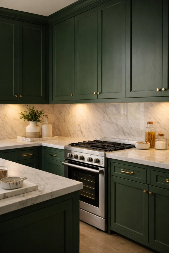 Dark Green Kitchen with Marble Worktops Idea