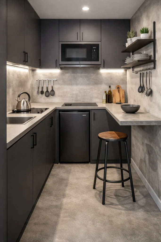 Dark Grey Mini Kitchen with Industrial Metal Stool Idea