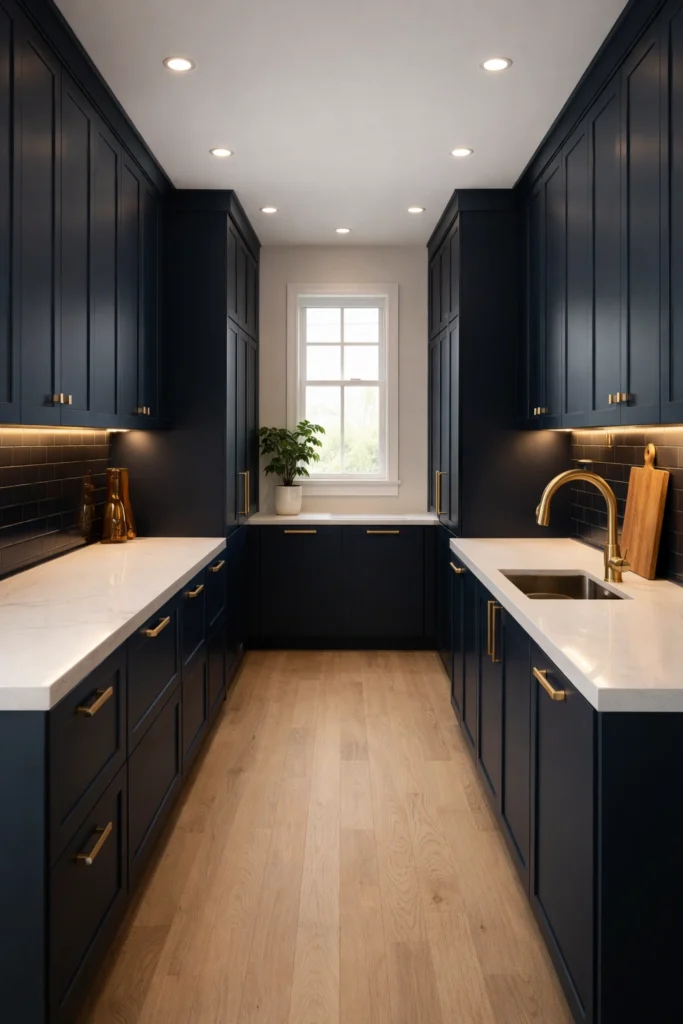 Dark Navy Elegant Galley Kitchen Idea