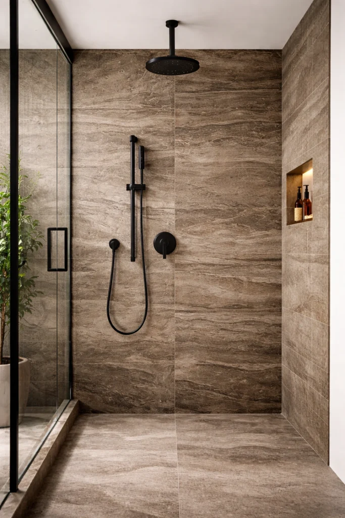 Dark Travertine Slab Shower Walls Style
