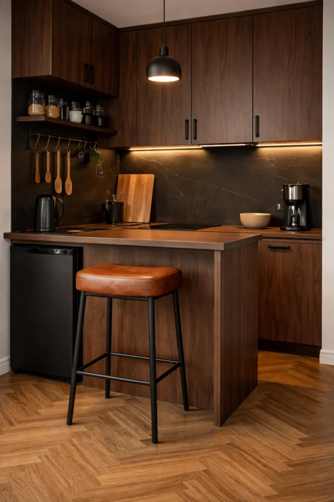 Dark Wood Mini Kitchen with Leather Stool Idea