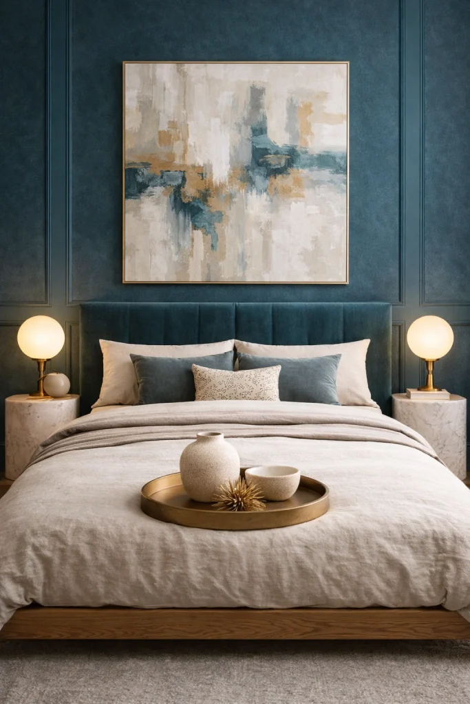 Deep Teal Bedroom with Brass Globe Lamps Style