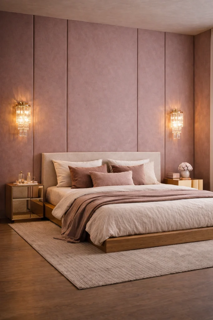Dusty Rose Elegant Bedroom with Crystal Wall Sconces Style