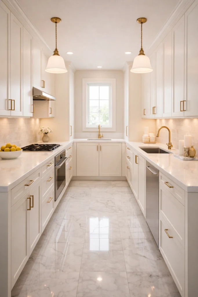 Elegant Cream and Gold Galley Kitchen Idea