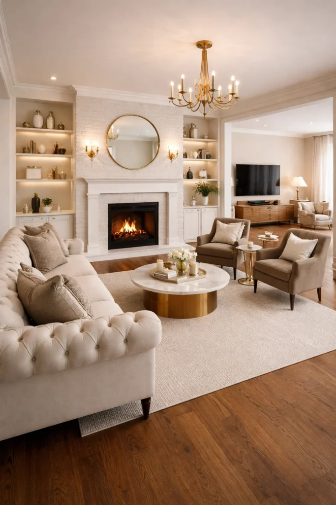 Elegant Long Living Room With Fireplace Focus Idea