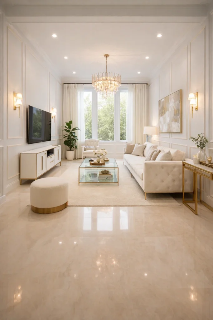 Elegant White Long Living Room With Luxury Touch Idea