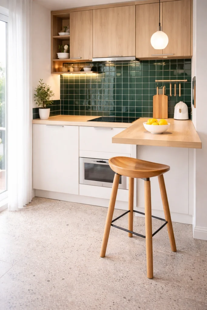 Emerald Green Tile Mini Kitchen with Wooden Bar Stool Idea
