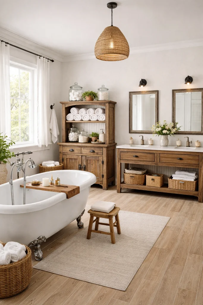 Farmhouse Bathroom With Antique Cabinet Storage Style