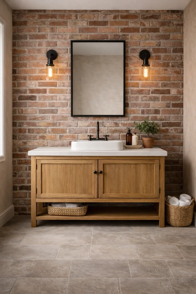 Farmhouse Bathroom With Exposed Brick Accent Wall Style