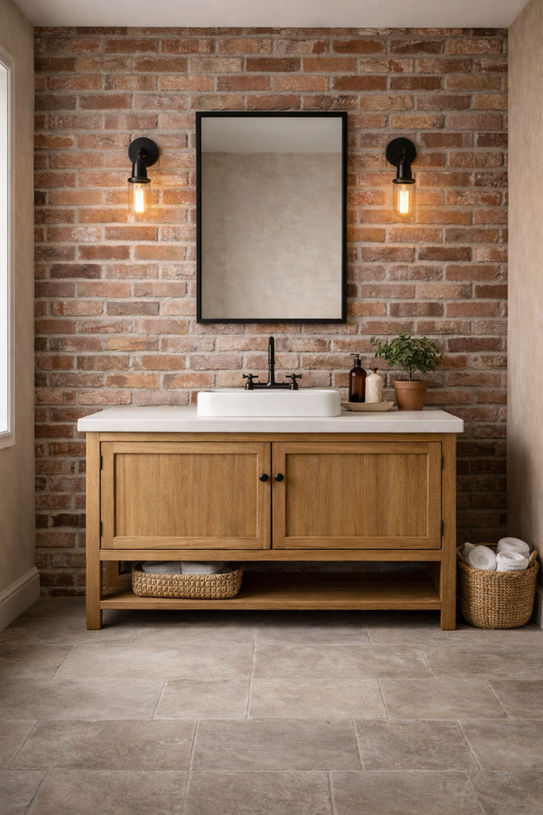 Farmhouse Bathroom With Exposed Brick Accent Wall Style