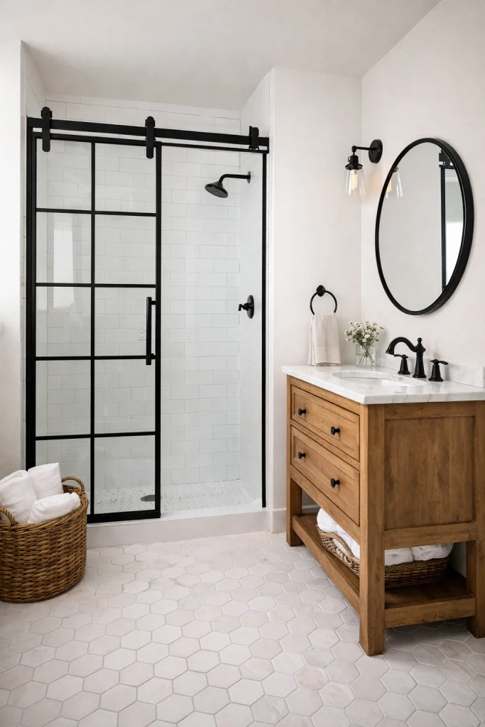 Farmhouse Bathroom With Glass Shower Barn Door Style