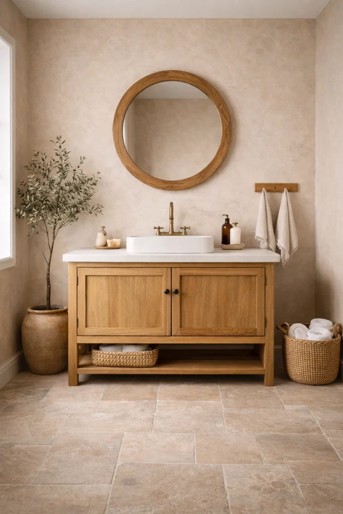 Farmhouse Bathroom With Olive Tree Decor Style