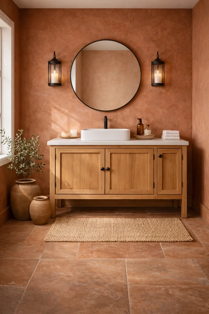 Farmhouse Bathroom With Terracotta Warm Tones Style