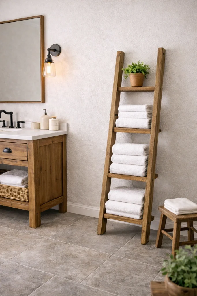 Farmhouse Bathroom With Vintage Ladder Shelf Style