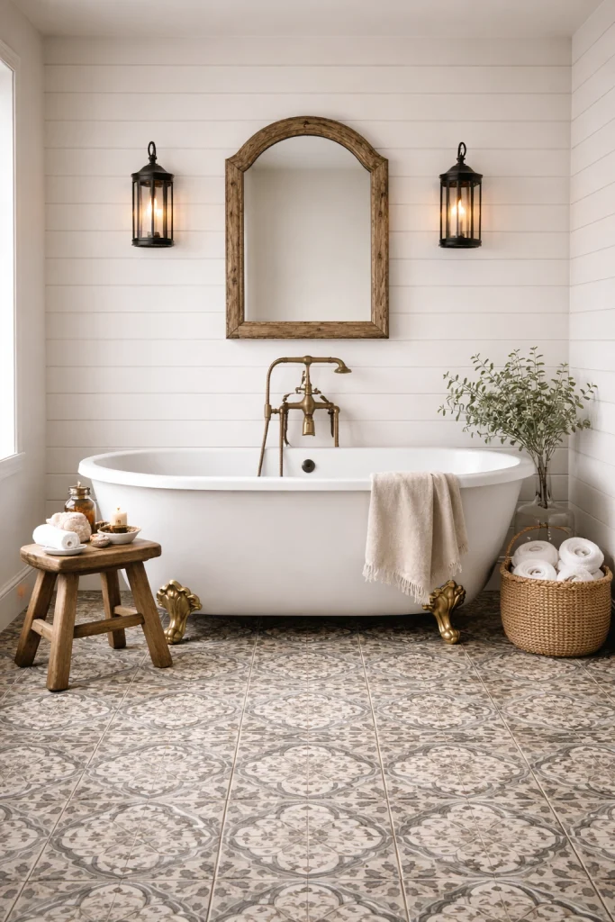 Farmhouse Bathroom With Vintage Tile Patterns Style