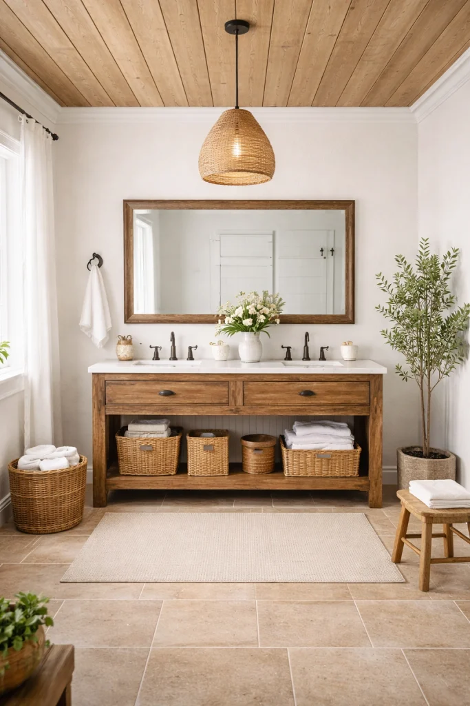 Farmhouse Bathroom With Wooden Ceiling Panels Style