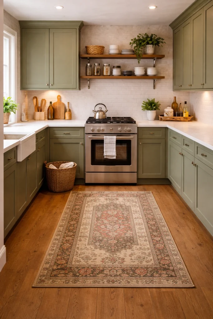 Farmhouse Green Kitchen with Patterned Rug Idea