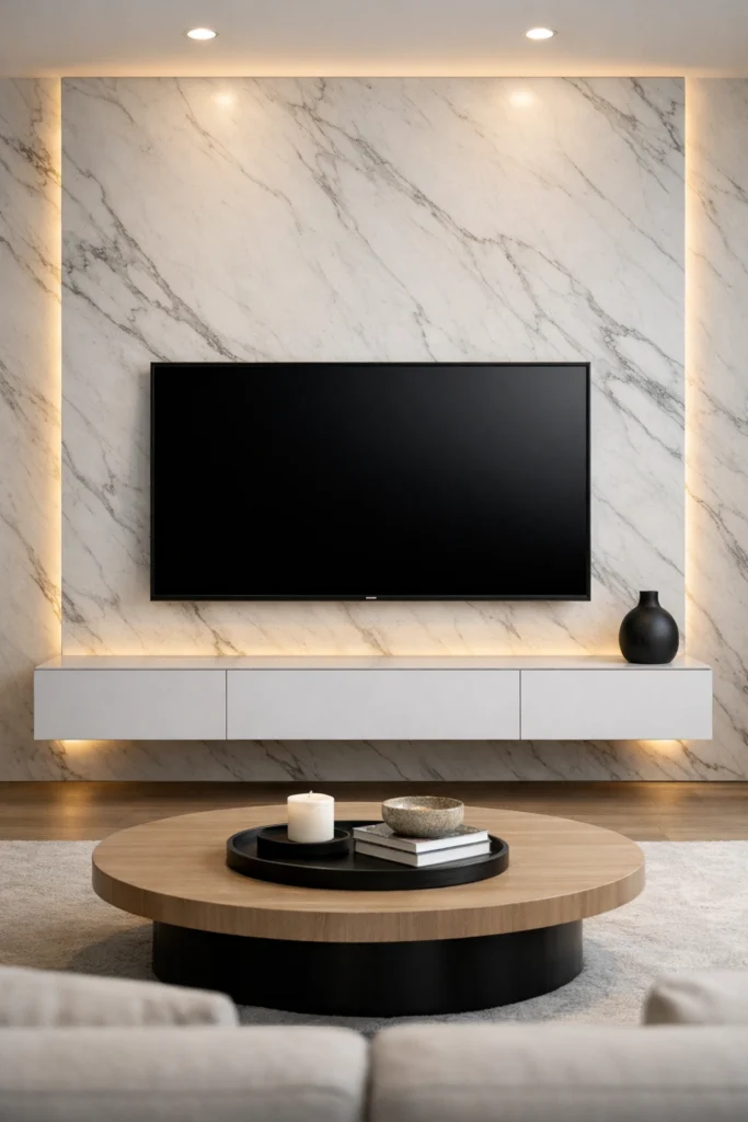 Floating Marble Slab TV Wall with Hidden LED Glow Idea