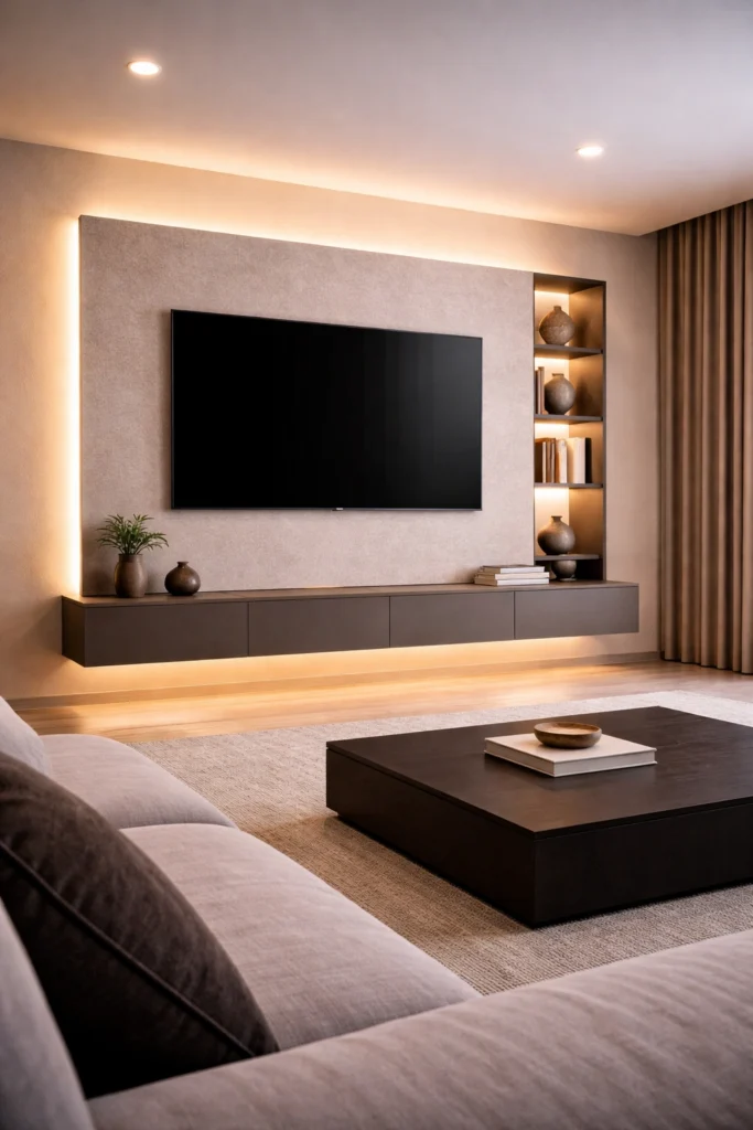 Floating Panel with Vertical Shelves TV Wall Idea
