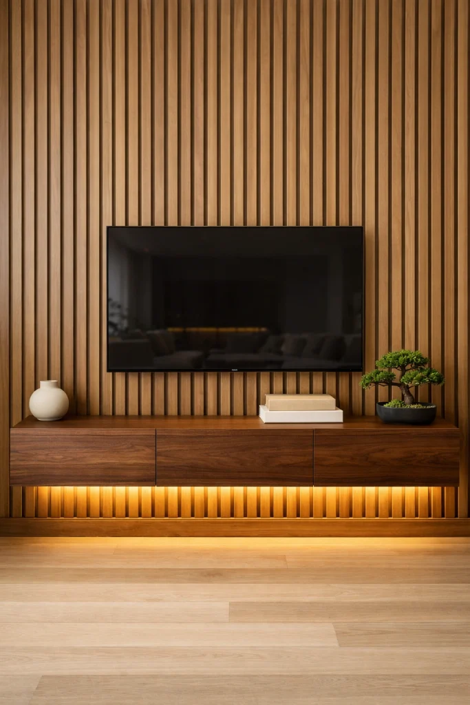 Floating Walnut + Vertical Slat Wall Style