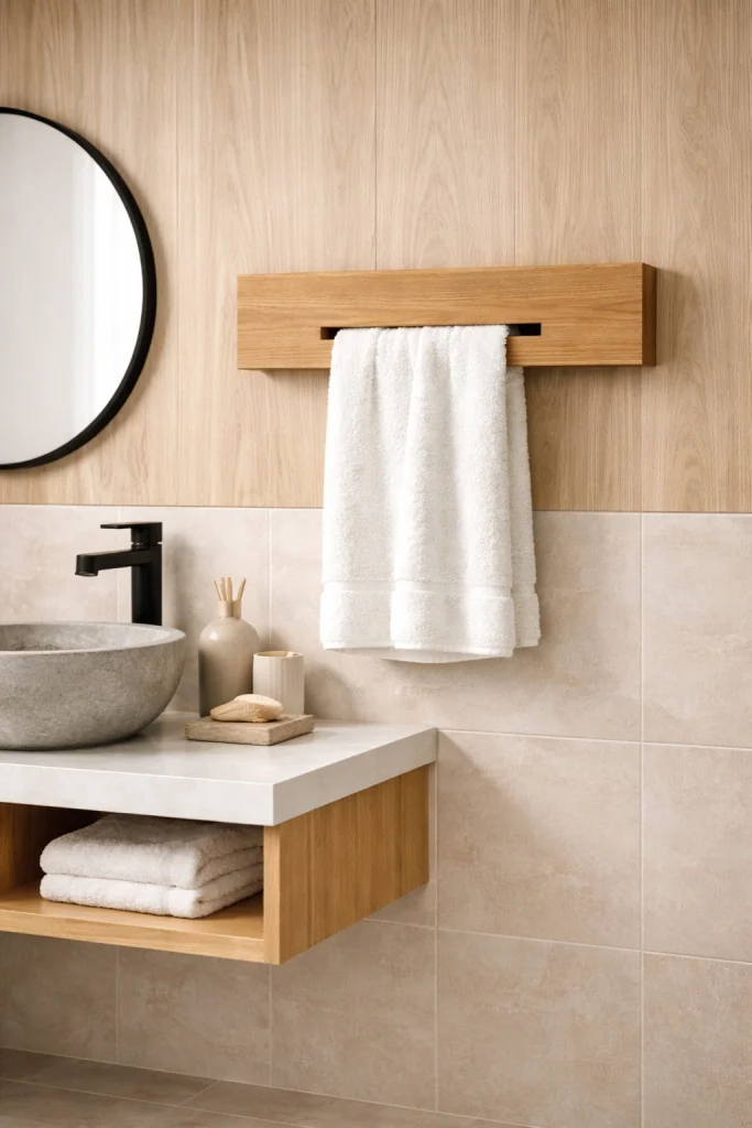 Floating Wooden Panel with Hidden Towel Slot Style