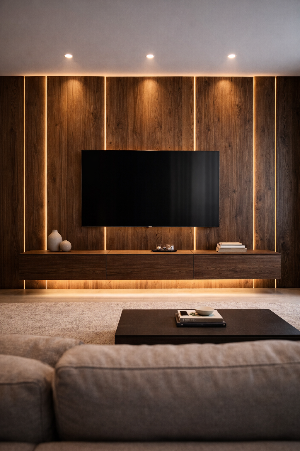 Floor-to-Ceiling Walnut Wood Panel TV Wall Idea