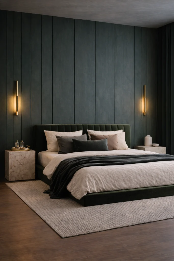Forest Green Bedroom with Brass Wall Lamps Style