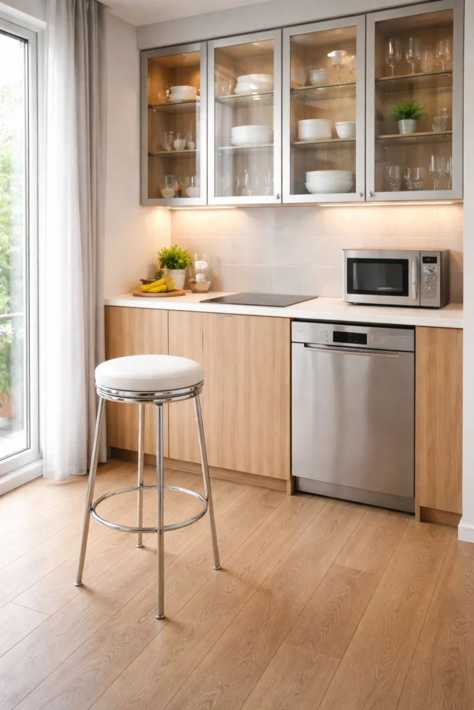 Glass Cabinet Mini Kitchen with Chrome Stool Idea