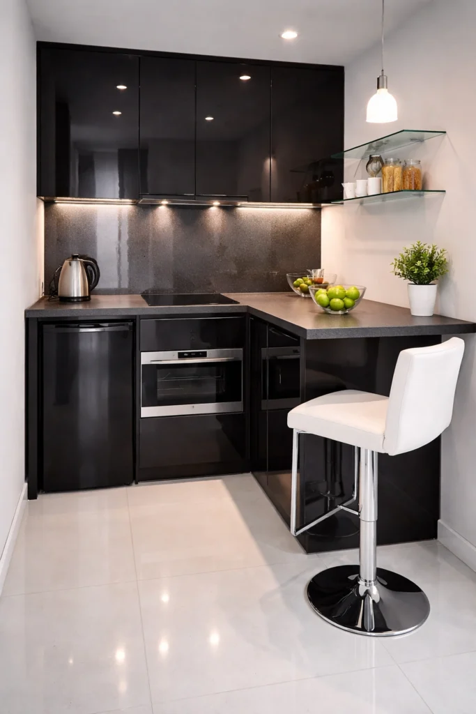 Gloss Black Mini Kitchen with White Stool Idea