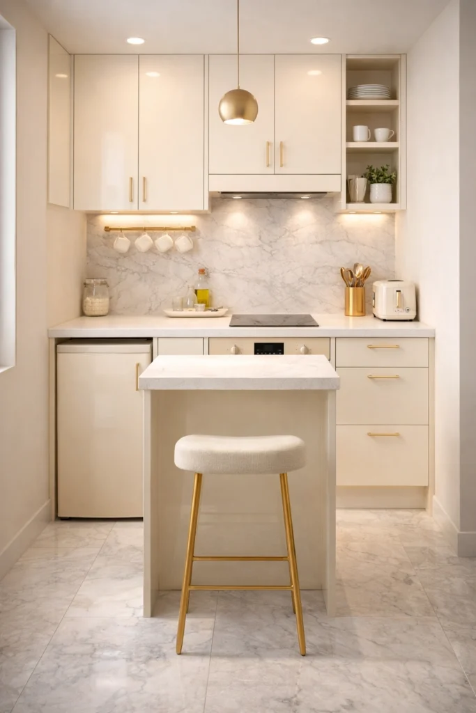 Gloss Cream Mini Kitchen with Upholstered Stool Idea
