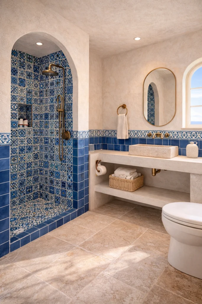 Greek Blue Coastal Mediterranean Bathroom Tiles Idea