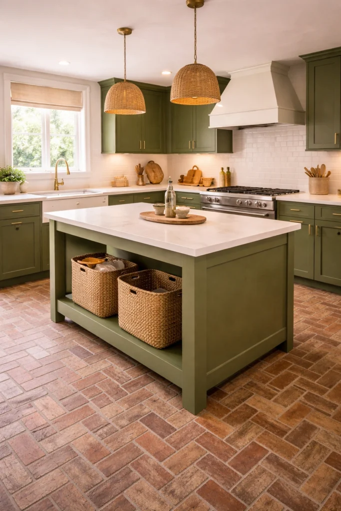 Green Kitchen with Brick Flooring Idea
