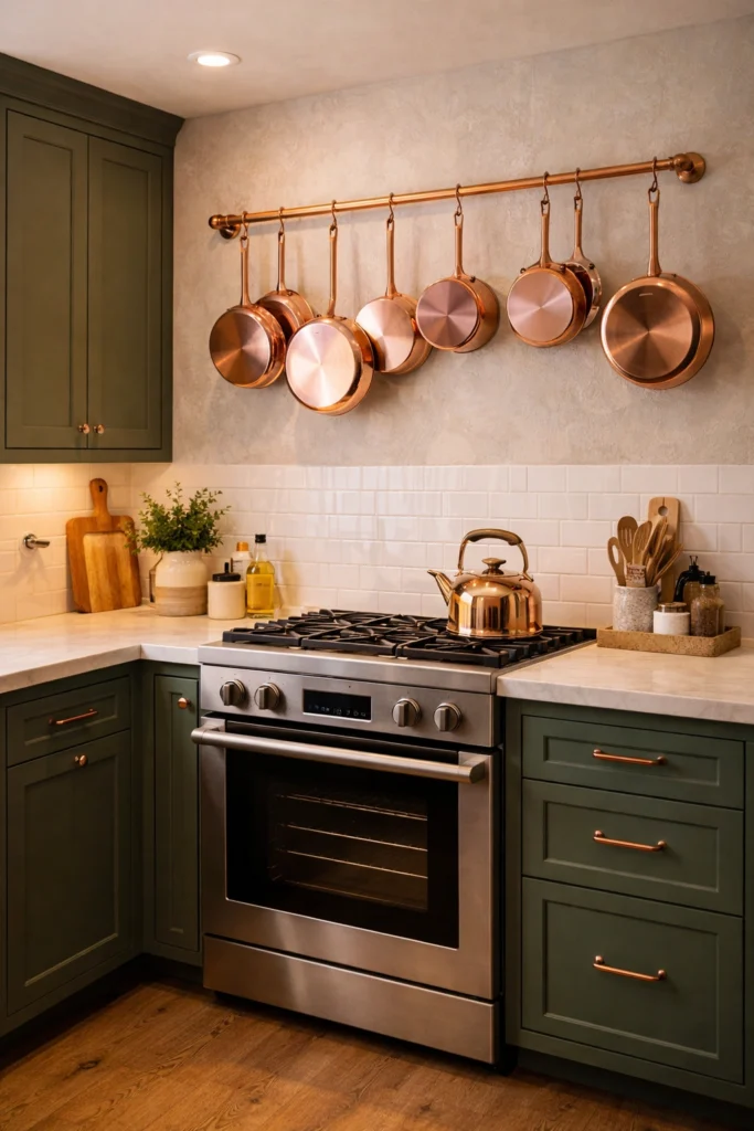 Green Kitchen with Copper Accent Details Idea