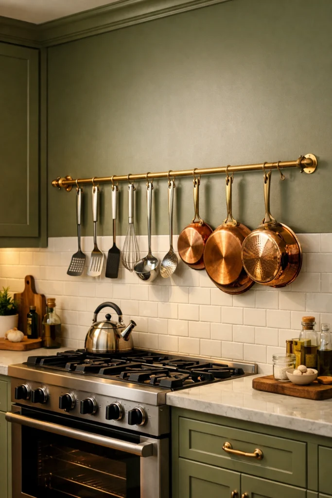 Green Kitchen with Hanging Brass Rail Storage Idea