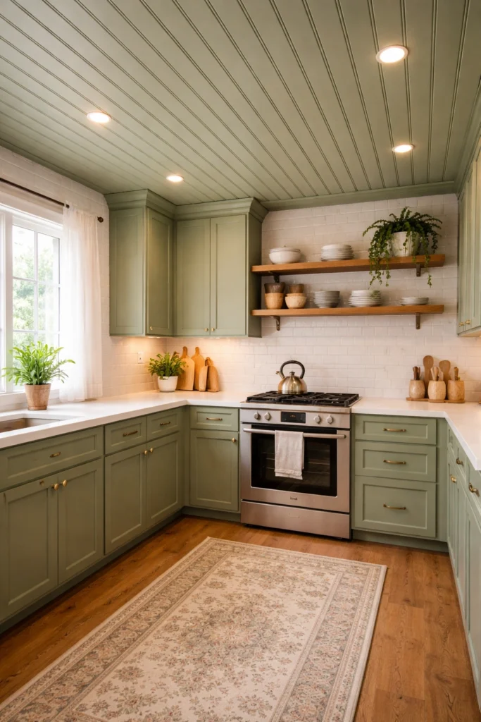 Green Kitchen with Painted Ceiling Panelling Idea