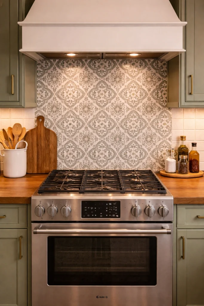 Green Kitchen with Pattern Tile Backsplash Idea