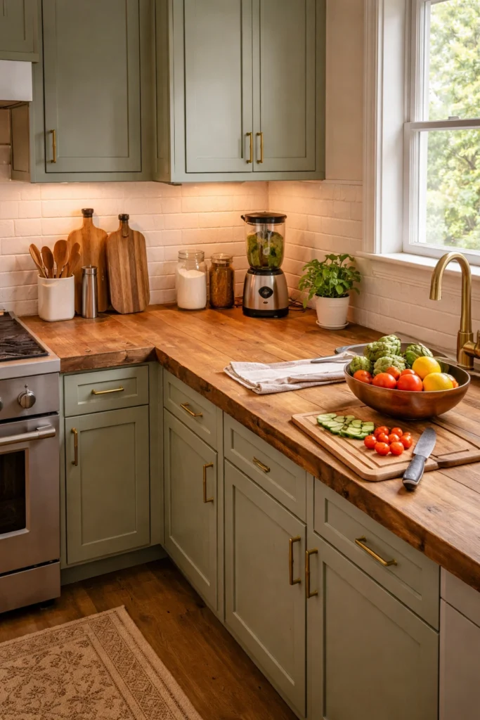 Green Kitchen with Thick Wooden Countertops Idea