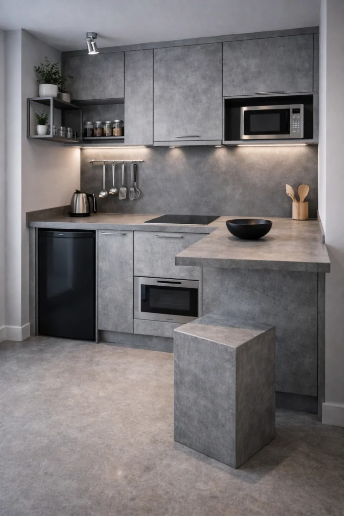 Grey Concrete Mini Kitchen with Square Stool Idea