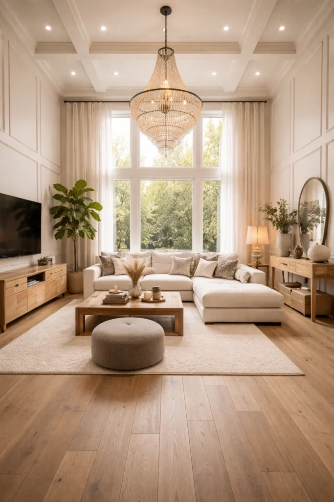 High Ceiling Long Living Room With Grand Layout Idea