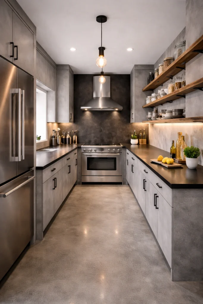 Industrial Concrete Galley Kitchen Idea