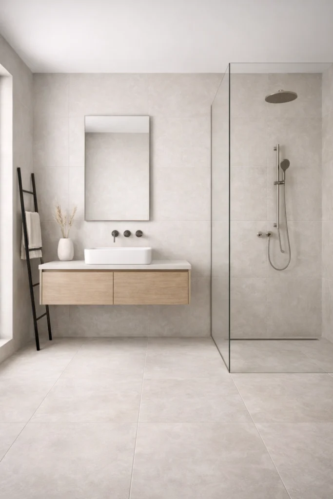 Large Neutral Porcelain Tile Minimal Bathroom Style