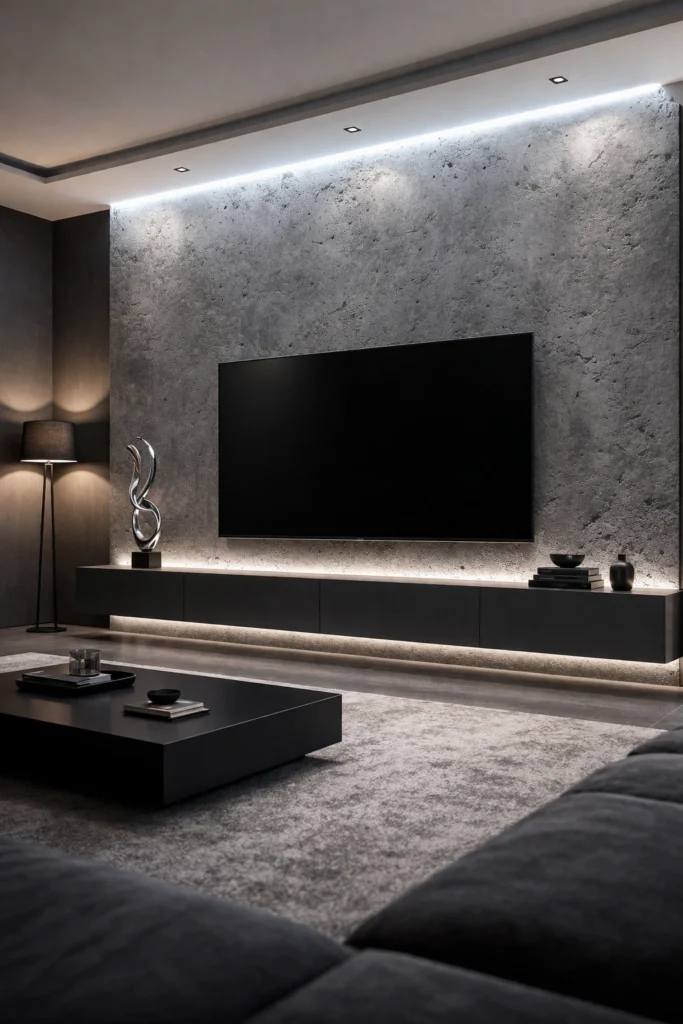 Large Textured Concrete Feature TV Wall Idea