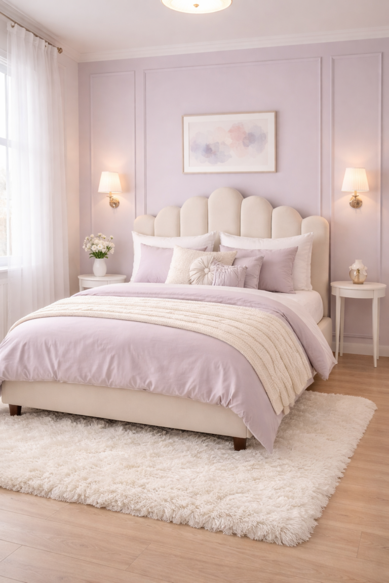 Lavender Panel Wall Bedroom with Scalloped Headboard Bed Style