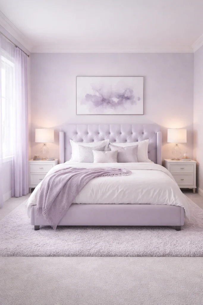 Lavender Soft Glow Bedroom with Tufted Bed Style