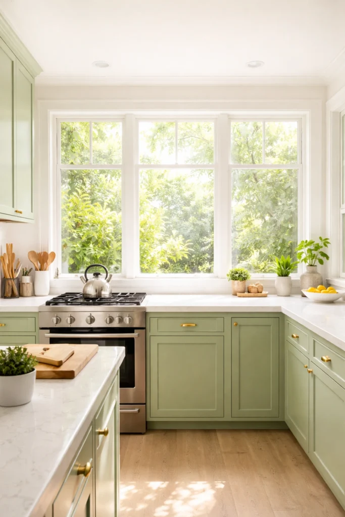 Light Green Airy Kitchen with Large Windows Idea