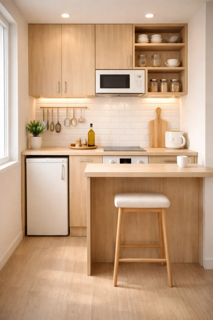 Light Wood Mini Kitchen with Slim Backless Stool Idea