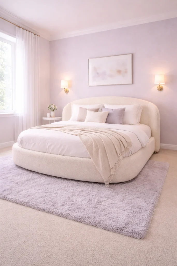 Lilac Cozy Bedroom with Curved Bouclé Bed Style