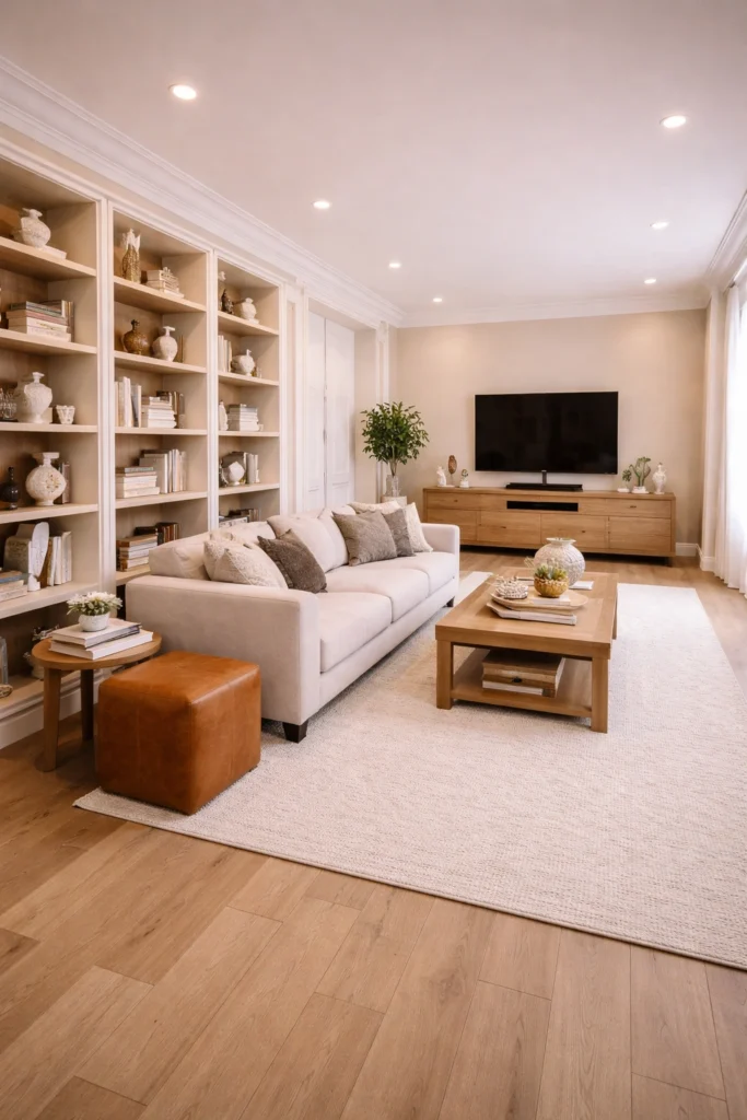 Long Living Room With Built-In Bookshelf Wall Idea